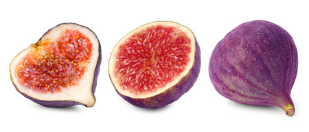 Fresh ripe figs isolated on white. Whole and slicedの写真素材