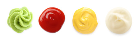 Ketchup, mayonnaise, wasabi and mustard isolated on white, collageの写真素材
