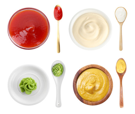 Ketchup, mayonnaise, wasabi and mustard isolated on white, collageの写真素材