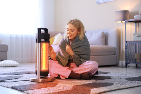 Young woman with blanket near electric heater at home. Orange light of warmth coming out of deviceの写真素材