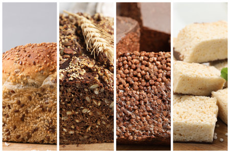 Gritty or seedy food texture. Puffed rice bars and bread, collageの写真素材