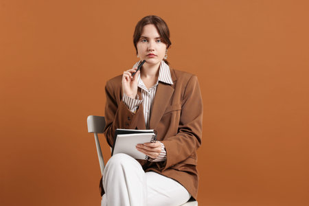 Professional psychotherapist with notebook and pen on chair against brown background