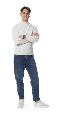 Man in stylish jeans on white backgroundの写真素材