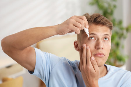 Young man applying eye drops at homeの写真素材