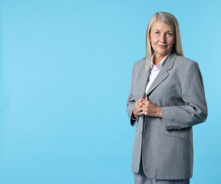 Professional psychotherapist on light blue background, space for textの写真素材