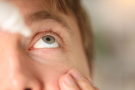 Man applying eye drops on light background, closeup. Space for textの写真素材
