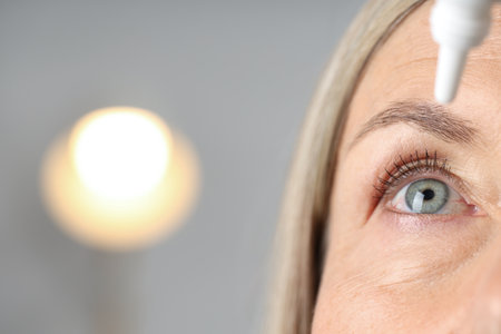 Woman applying eye drops on blurred background, closeup. Space for textの写真素材