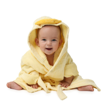 Cute baby wearing bathrobe on white backgroundの写真素材