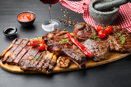 Pieces of tasty grilled beef with rosemary and vegetables on black wooden tableの写真素材