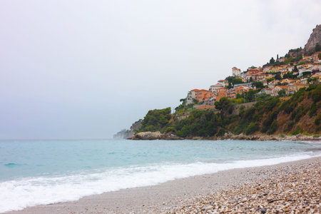 Beautiful view of sea with waves and beachの写真素材