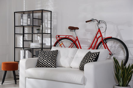 Red bicycle, sofa and houseplant in roomの写真素材