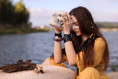 Beautiful shaman woman with face painting, skull and palo santo sticks performing ritual near river outdoors. Space for textの写真素材