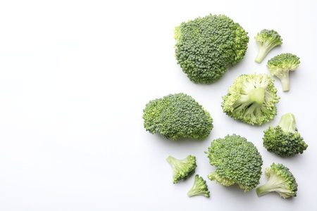Fresh green broccoli on white background, top view. Space for textの写真素材