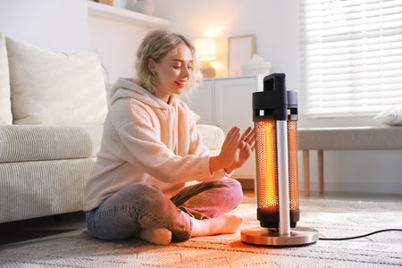 Young woman near electric heater at home. Orange light of warmth coming out of deviceの写真素材