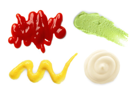 Ketchup, mayonnaise, wasabi and mustard isolated on white, collageの写真素材