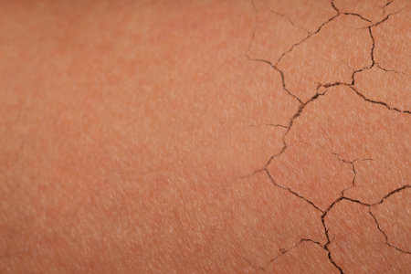 Dry skin presented as double exposure with cracked soilの写真素材