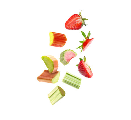 Fresh rhubarb pieces and strawberries flying in air against white backgroundの写真素材