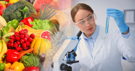 Food quality analysis. Laboratory worker using microscope, double exposure with fresh vegetables and fruitsの写真素材
