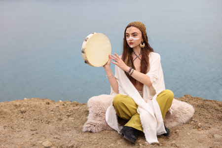 Beautiful shaman woman with face painting and tambourine performing ritual near river outdoors. Space for textの写真素材