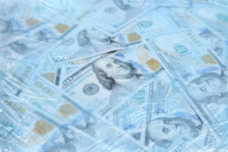 Money frozen. Many dollar bills under iceの写真素材