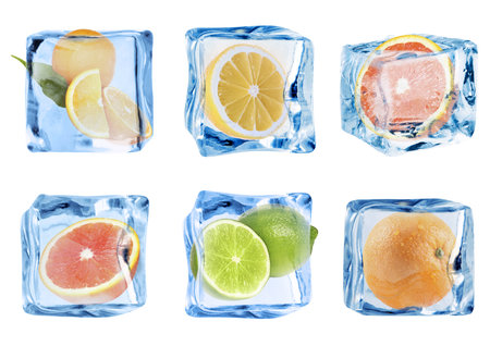 Citrus fruits in ice cubes isolated on white, setの写真素材