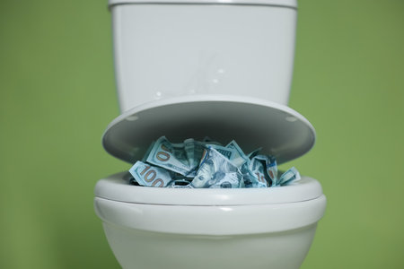 Dollar banknotes in toilet bowl on green background, closeupの写真素材