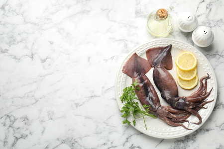 Raw squids, lemon and parsley on white marble table, flat lay. Space for textの写真素材
