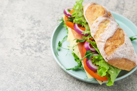 Delicious sandwich with cheese and vegetables on light gray table, closeup. Space for textの写真素材
