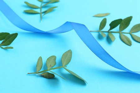 Beautiful ribbon and green leaves on light blue background, closeupの写真素材