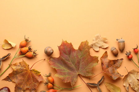 Dry autumn leaves, rose hip berries and acorns on pale orange background, flat lay. Space for text