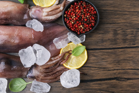 Raw squids, ice cubes, lemon slices, spices and basil on wooden table, flat layの写真素材