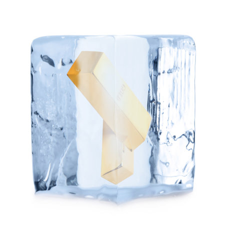 Gold bars in ice cube on white background.の写真素材