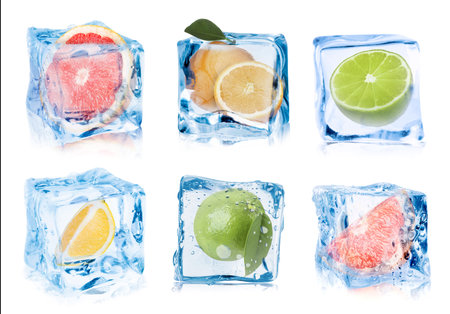 Citrus fruits in ice cubes isolated on white, setの写真素材