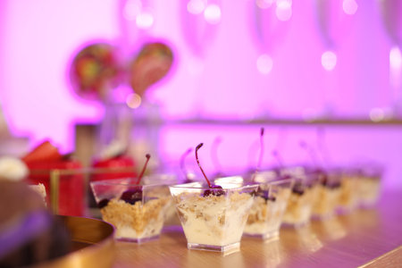 Buffet menu. Delicious desserts on table, selective focus. Space for text