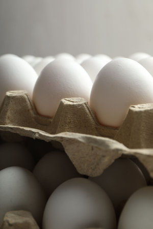 Raw chicken eggs in egg cartons on light gray background, closeupの写真素材