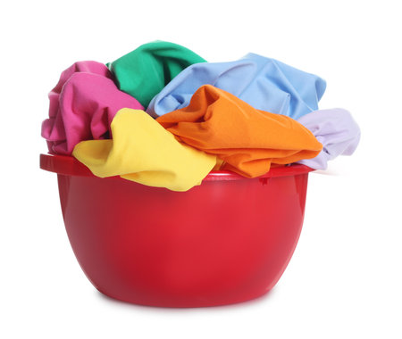 Plastic basin with laundryの写真素材