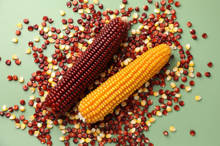 Red and yellow corn cobs with kernels on light green table, flat layの写真素材