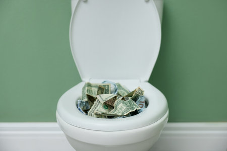 Dollar banknotes in toilet bowl indoors, closeupの写真素材