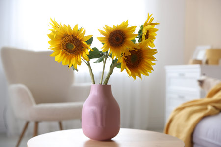 Beautiful sunflowers in vase on wooden coffee table indoors, closeupの写真素材