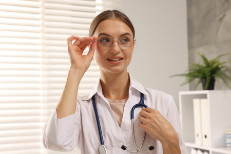 Portrait of professional nurse with stethoscope in clinicの写真素材