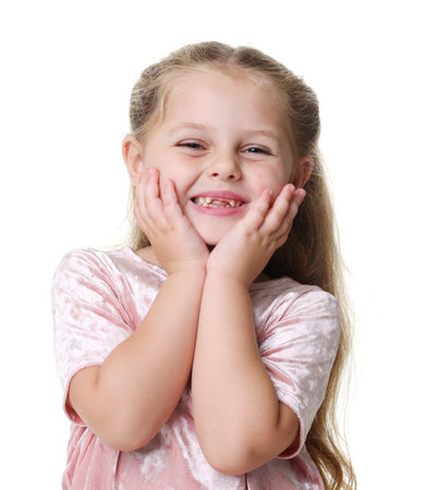 Smiling little girl on white background. Positive mood
