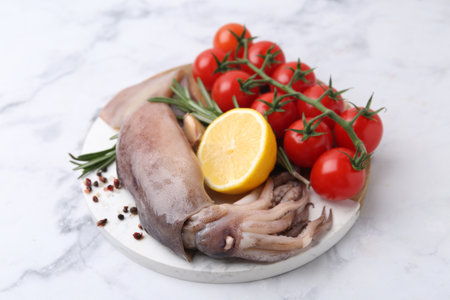 Fresh raw squid, tomatoes, lemon and spices on white marble table, closeupの写真素材