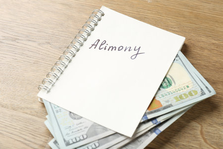 Notebook with word alimony and money on wooden table, closeupの写真素材