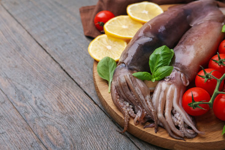 Raw squids, tomatoes, lemon slices and basil on wooden table, closeup. Space for text