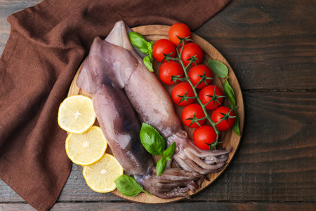 Raw squids, tomatoes, lemon slices and basil on wooden table, top viewの写真素材