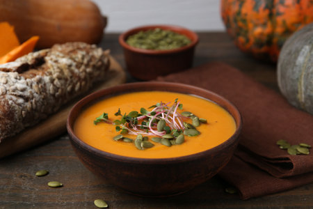 Delicious pumpkin soup served on wooden table, closeupの写真素材