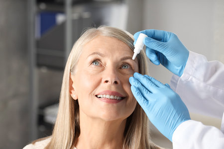 Doctor putting drops into woman's eye indoors, closeupの写真素材