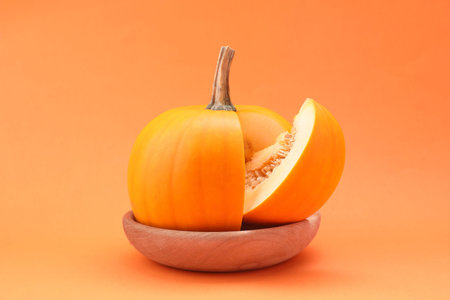 One cut ripe pumpkin on orange background