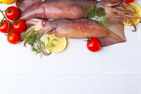 Raw squids, tomatoes, lemon slices and dill on white tiled table, flat lay. Space for text