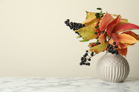 Autumn atmosphere. Vase with dry leaves and berries on white marble table. Space for textの写真素材
